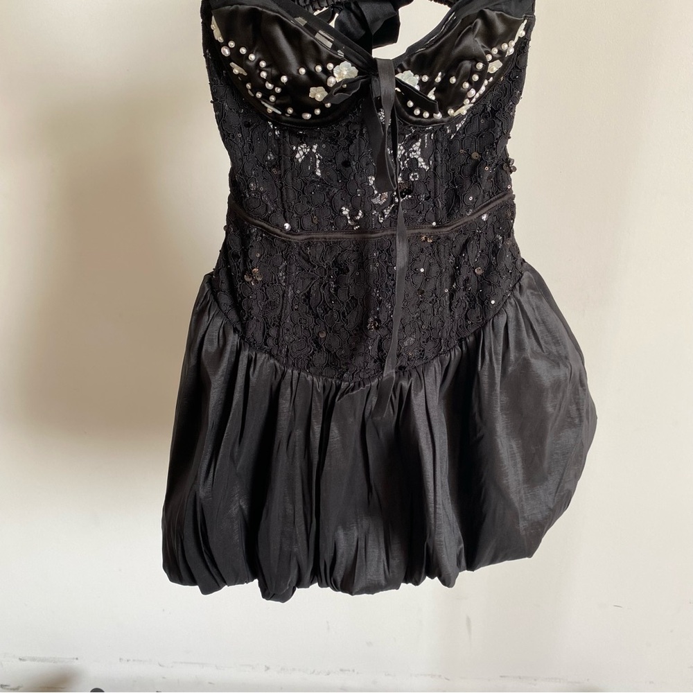 For Love And Lemons Black Embellished Puff-Sleeve Bubble Mini Dress - Picture 7 of 12